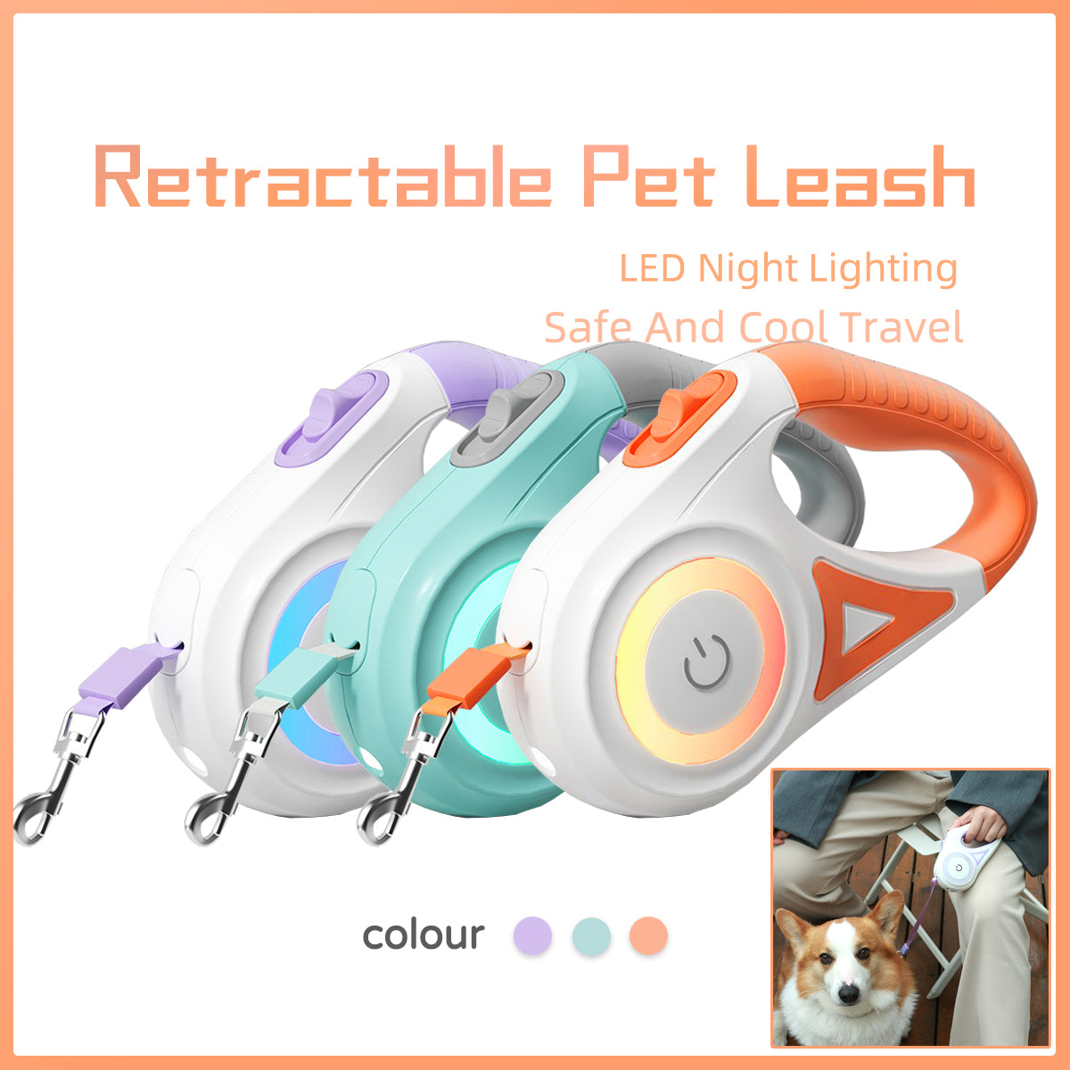 Retractable Pet Leash and Collar Set with Built-in Light